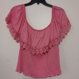 New Paper+Tee 3X Top Ruffle Off Shoulder Pink Smocked Crochet